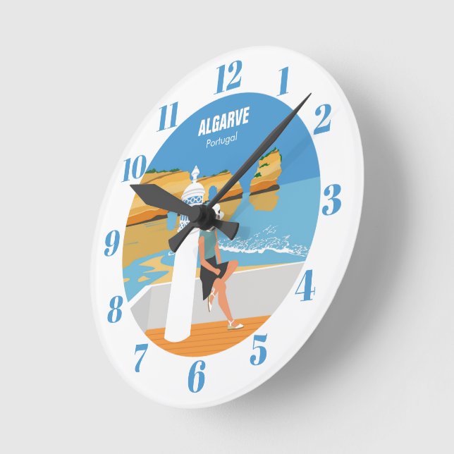 Algarve beach girl travel vintage style  round clock (Angle)