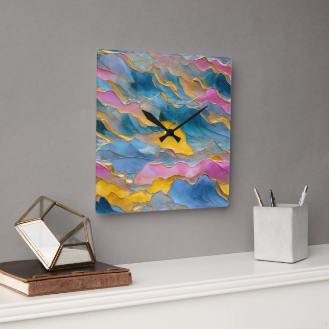 “Algeciras” Blue Pink Sand Waves Square Wall Clock (Office)