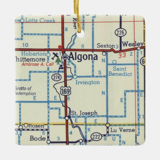Algona IA Vintage Map Ceramic Ornament (Front)