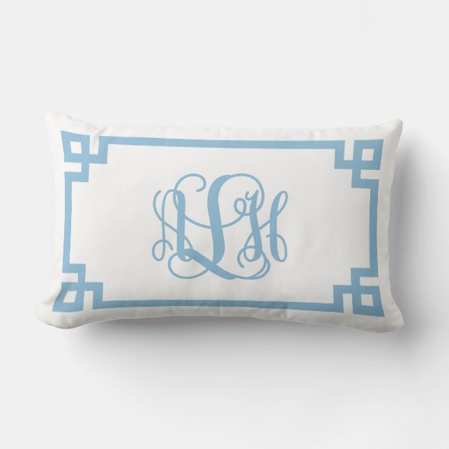 ALH Sky Blue Greek Key Script Monogram Lumbar Pillow (Front)