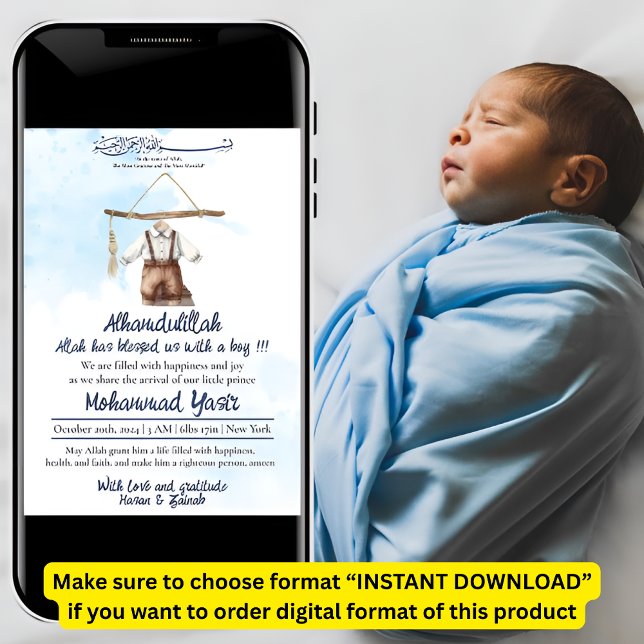 Alhamdulillah blue muslim baby boy cloth birth invitation (Creator Uploaded)