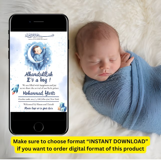Alhamdulillah it's a boy blue muslim baby birth invitation (Creator Uploaded)