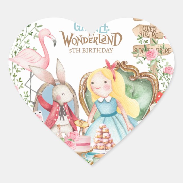Alice Adventures in Woderland Birthday Tea Party Heart Sticker (Front)