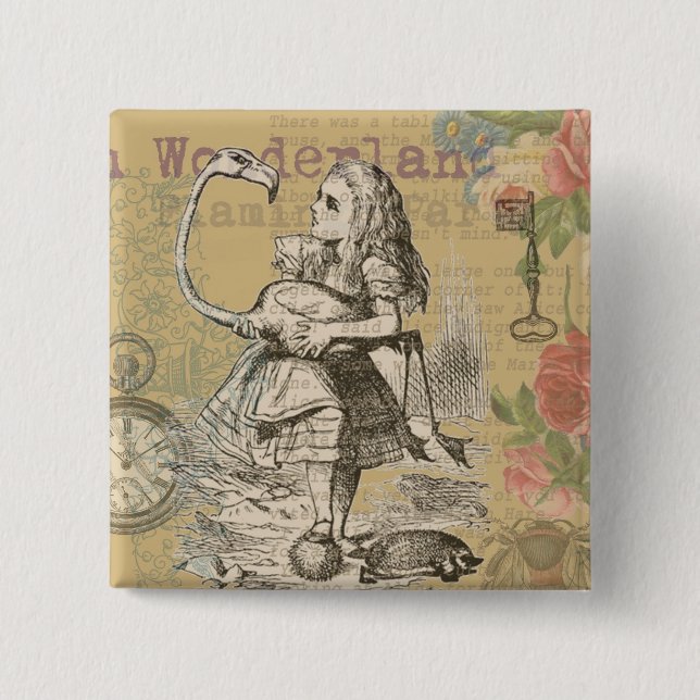 Alice Adventures Wonderland Flamingo Classic 2 Inch Square Button (Front)