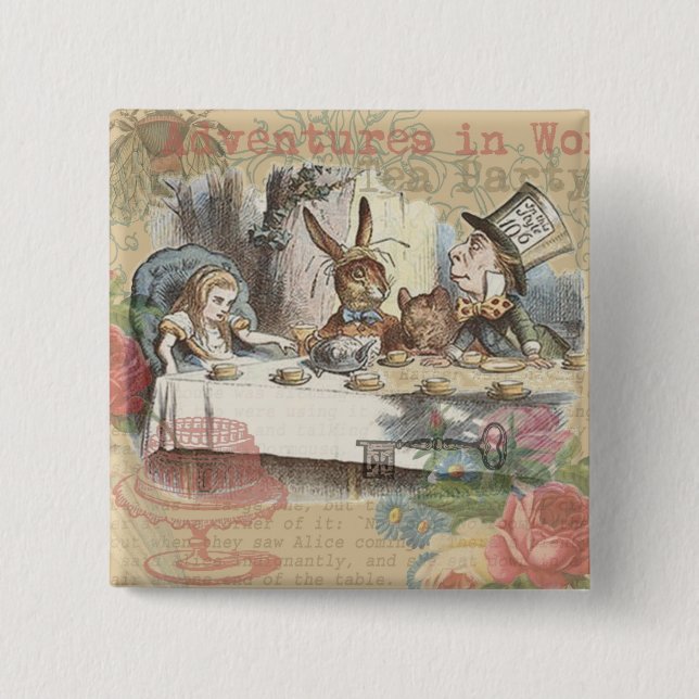 Alice Adventures Wonderland Mad Tea Party Art 2 Inch Square Button (Front)