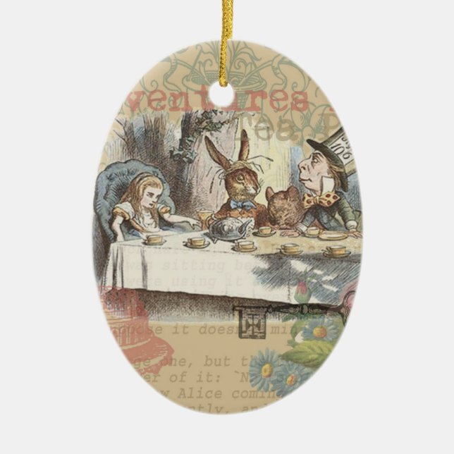 Alice Adventures Wonderland Mad Tea Party Art Ceramic Ornament (Front)