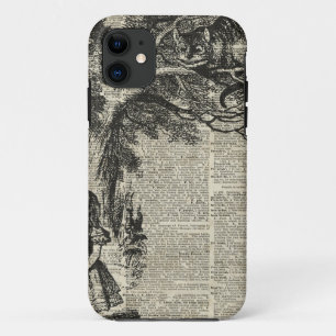 Alice and Cheshire Stencil Art On Old Book Page iPhone 11 Case