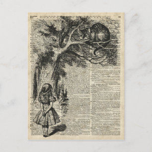 Alice and Cheshire Stencil Art On Old Book Page Postcard
