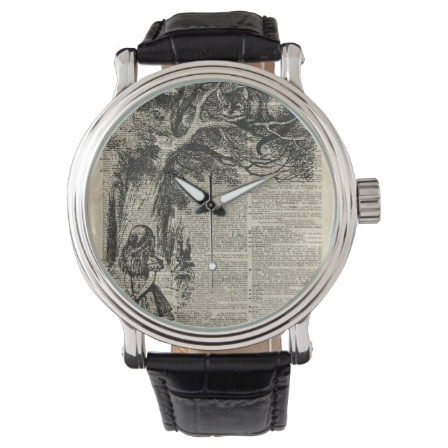 Alice and Cheshire Stencil Art On Old Book Page Watch (Front)