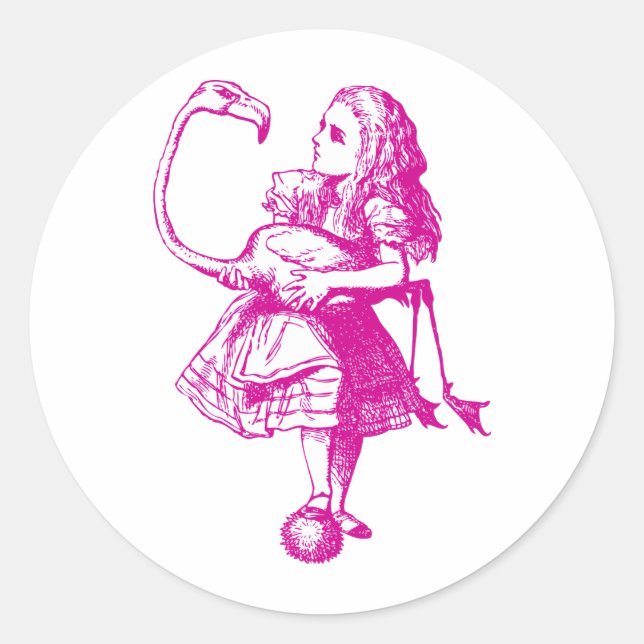 Alice and Flamingo Inked Pink Classic Round Sticker (Front)
