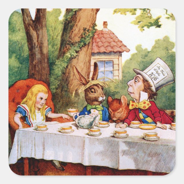 Alice and the Mad Hatter's Tea Party in Wonderland Square Sticker (Front)