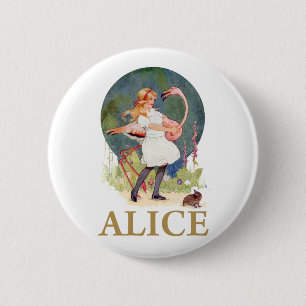 ALICE AND THE PINK FLAMINGO PLAY CROQUET 2 INCH ROUND BUTTON