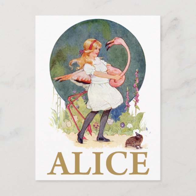 ALICE AND THE PINK FLAMINGO PLAY CROQUET POSTCARD (Front)