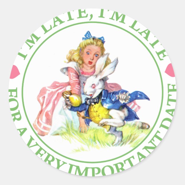 ALICE AND THE WHITE RABBIT - I'M LATE! CLASSIC ROUND STICKER (Front)