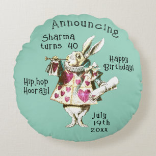 Alice and White Rabbit Happy Birthday Decree Round Pillow