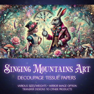 Alice and White Rabbit Wonderland Clocks Decoupage Tissue Paper