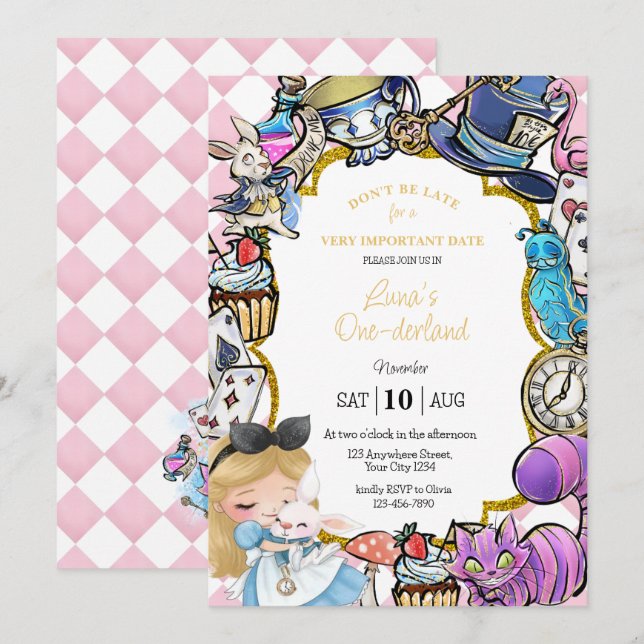 Alice au pays des merveilles Invitation d'annivers (Devant / Derrière)