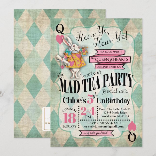 Alice au pays des merveilles Invitations d'anniver (Devant / Derrière)