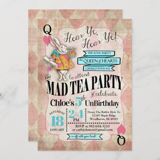 Alice au pays des merveilles Invitations d'anniver (Devant / Derrière)