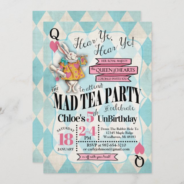 Alice au pays des merveilles Invitations d'anniver (Devant / Derrière)