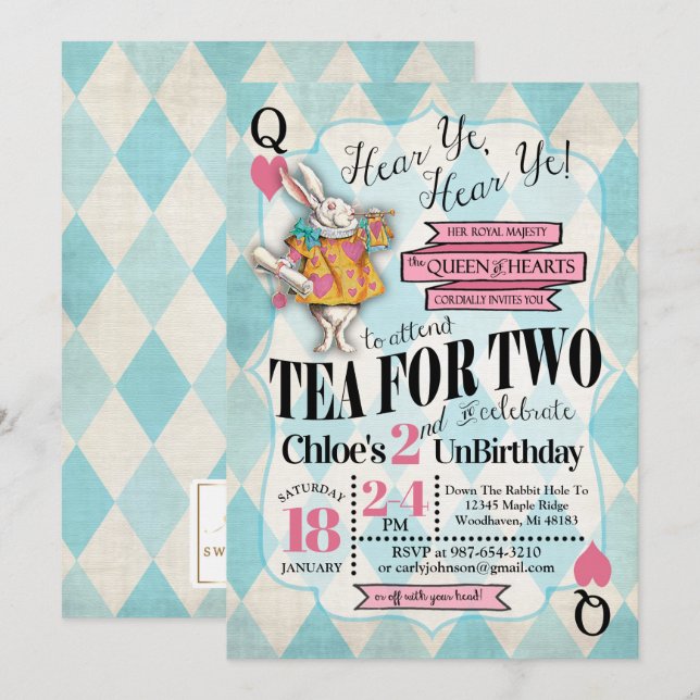 Alice au pays des merveilles Invitations pour le 2 (Devant / Derrière)