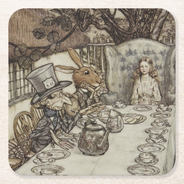 Alice Birthday Unbirthday Rabbit Hatter Party Square Paper Coaster (Front)