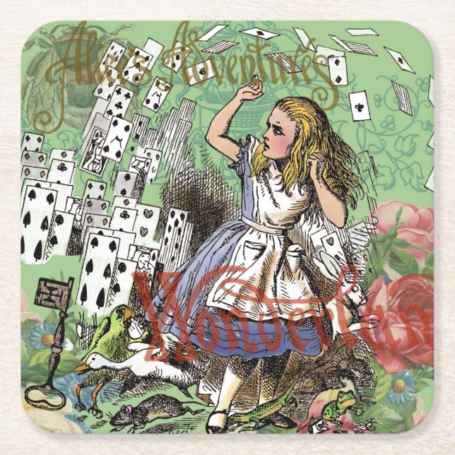 alice cards wonderland hatter rabbit  square paper coaster (Front)