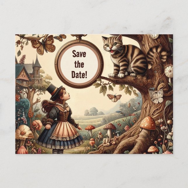 Alice & Cheshire Cat: Whimsical Wonderland Fantasy Announcement Postcard (Front)