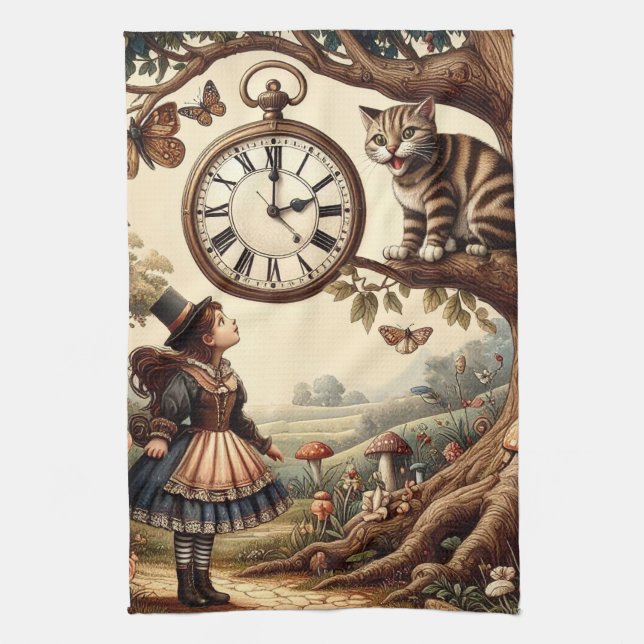 Alice & Cheshire Cat: Whimsical Wonderland Fantasy Kitchen Towel (Vertical)