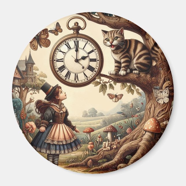 Alice & Cheshire Cat: Whimsical Wonderland Fantasy Magnet (Front)