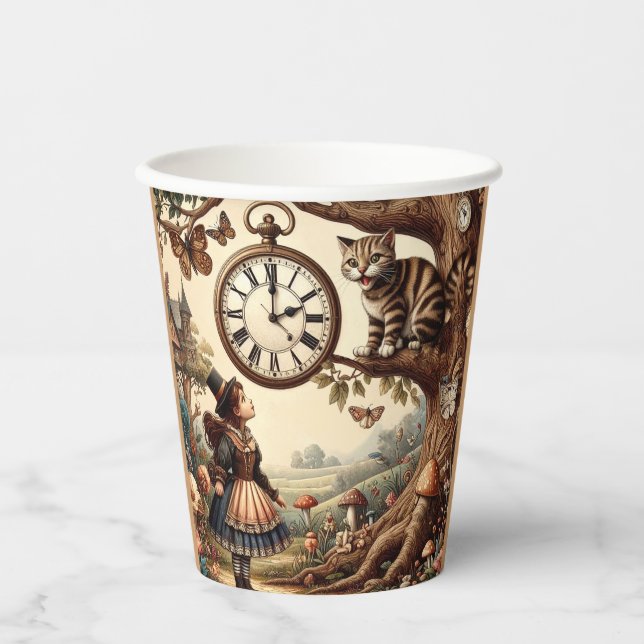 Alice & Cheshire Cat: Whimsical Wonderland Fantasy Paper Cups (Front)
