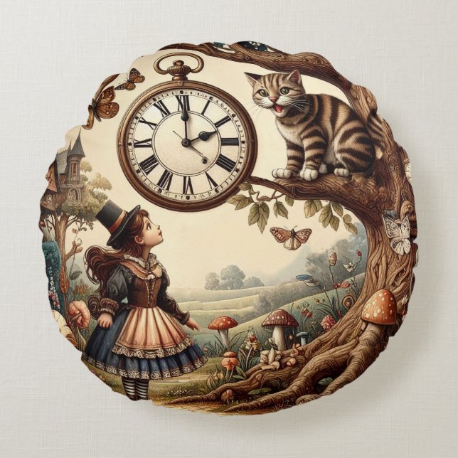 Alice & Cheshire Cat: Whimsical Wonderland Fantasy Round Pillow (Front)