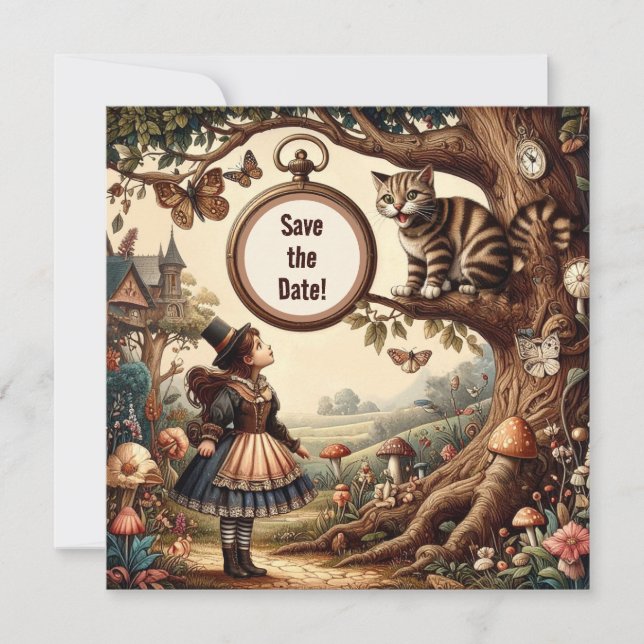 Alice & Cheshire Cat: Whimsical Wonderland Fantasy Save The Date (Front)