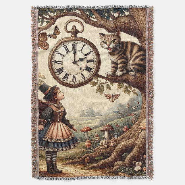 Alice & Cheshire Cat: Whimsical Wonderland Fantasy Throw Blanket (Front Vertical)