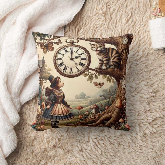Alice & Cheshire Cat: Whimsical Wonderland Fantasy Throw Pillow (Blanket)