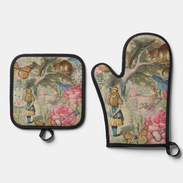 Alice Cheshire Cat Wonderland Tree Garden Oven Mitt & Pot Holder Set (Front)