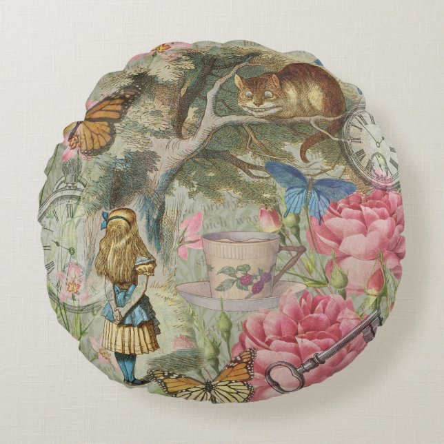 Alice Cheshire Cat Wonderland Tree Garden Round Pillow (Front)