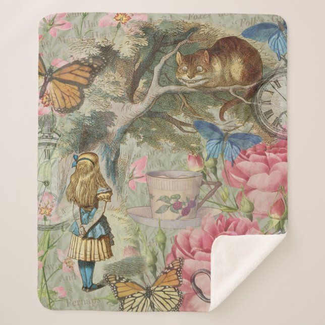 Alice Cheshire Cat Wonderland Tree Garden Sherpa Blanket (Front)