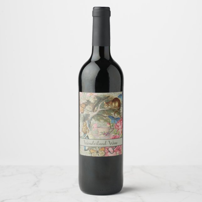 Alice Cheshire Cat Wonderland Tree Garden Wine Label (Front)