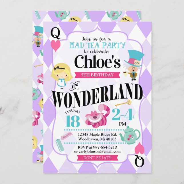 Alice dans des invitations d'anniversaire du pays (Devant / Derrière)