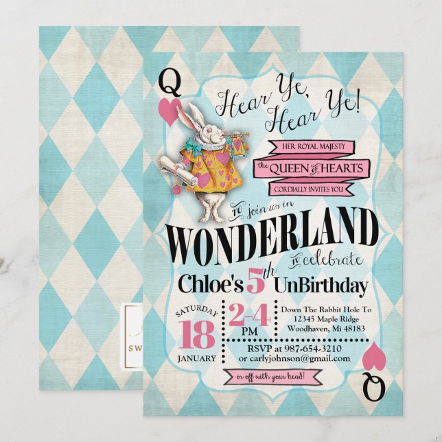 Alice dans des invitations d'anniversaire du pays (Devant / Derrière)