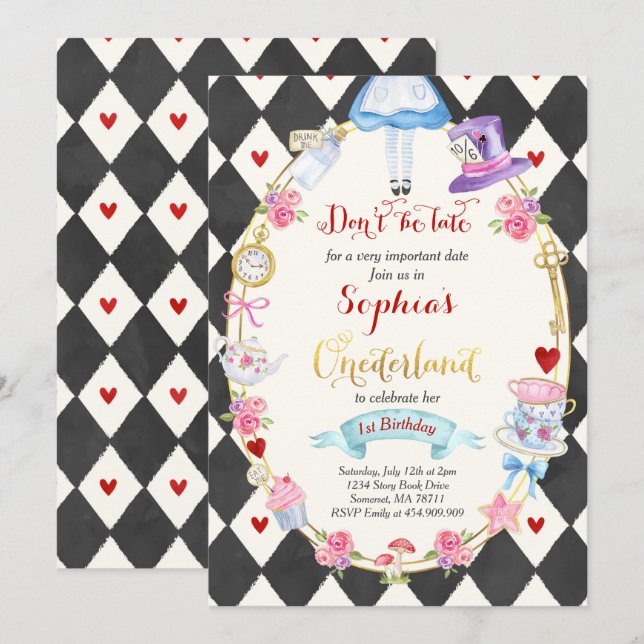 Alice dans ONEderland Anniversaire Invitation Tea  (Devant / Derrière)