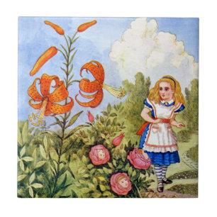 Alice Encounters Talking Flowers in Wonderland Tile