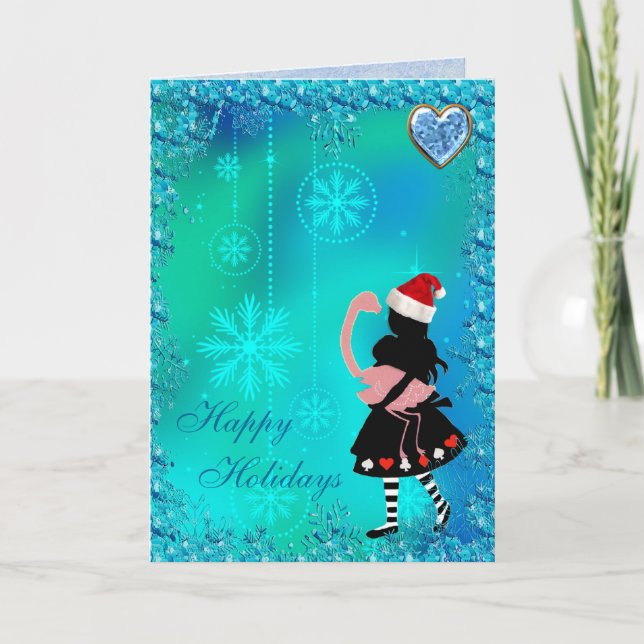 Alice & Flamingo Blue Sequins Christmas Card (Front)