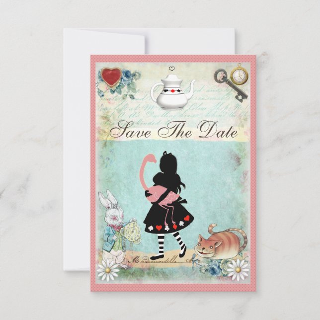 Alice, Flamingo & Cat Save the Date Wedding Invitation (Front)