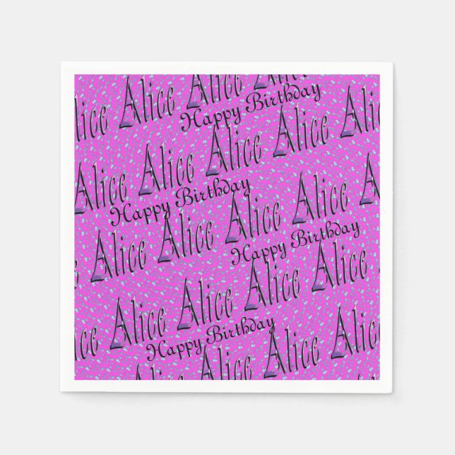 Alice, Happy Birthday, Pink Party Serviettes. Napkin (Front)