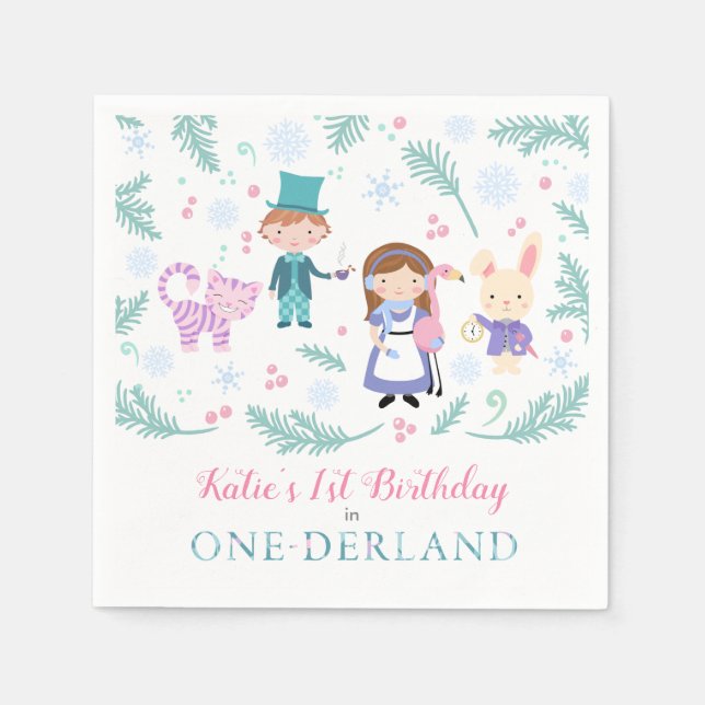 Alice in One-derland Winter Birthday Party Napkin (Front)