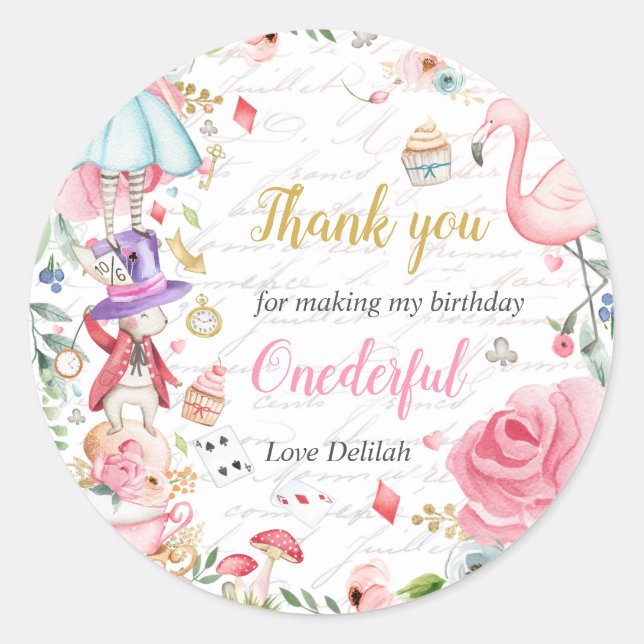 Alice in Onederland 1st Birthday Tea Party Favour Classic Round Sticker (Front)