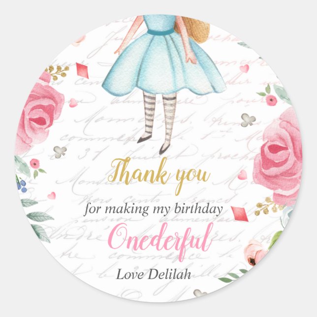 Alice in Onederland 1st Birthday Tea Party Favour Classic Round Sticker (Front)