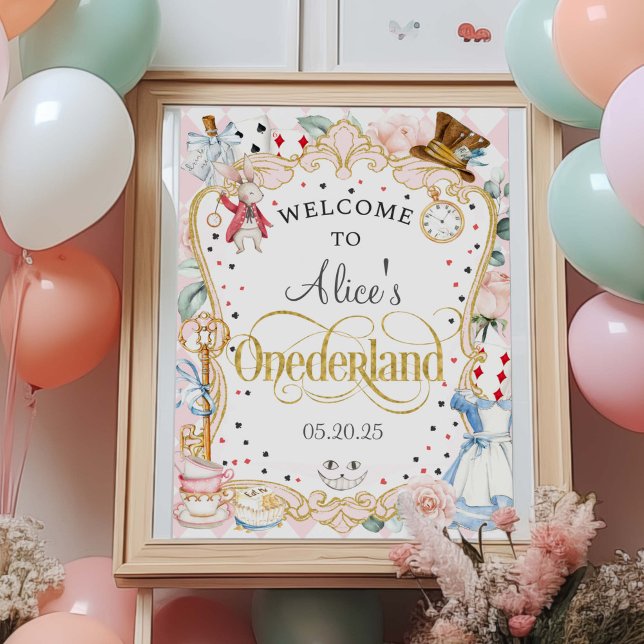 Alice in Onederland, 1st birthday welcome sign (Mad hatter, tea party, Alice Onederland, Girl 1st birthday welcome sign poster.)